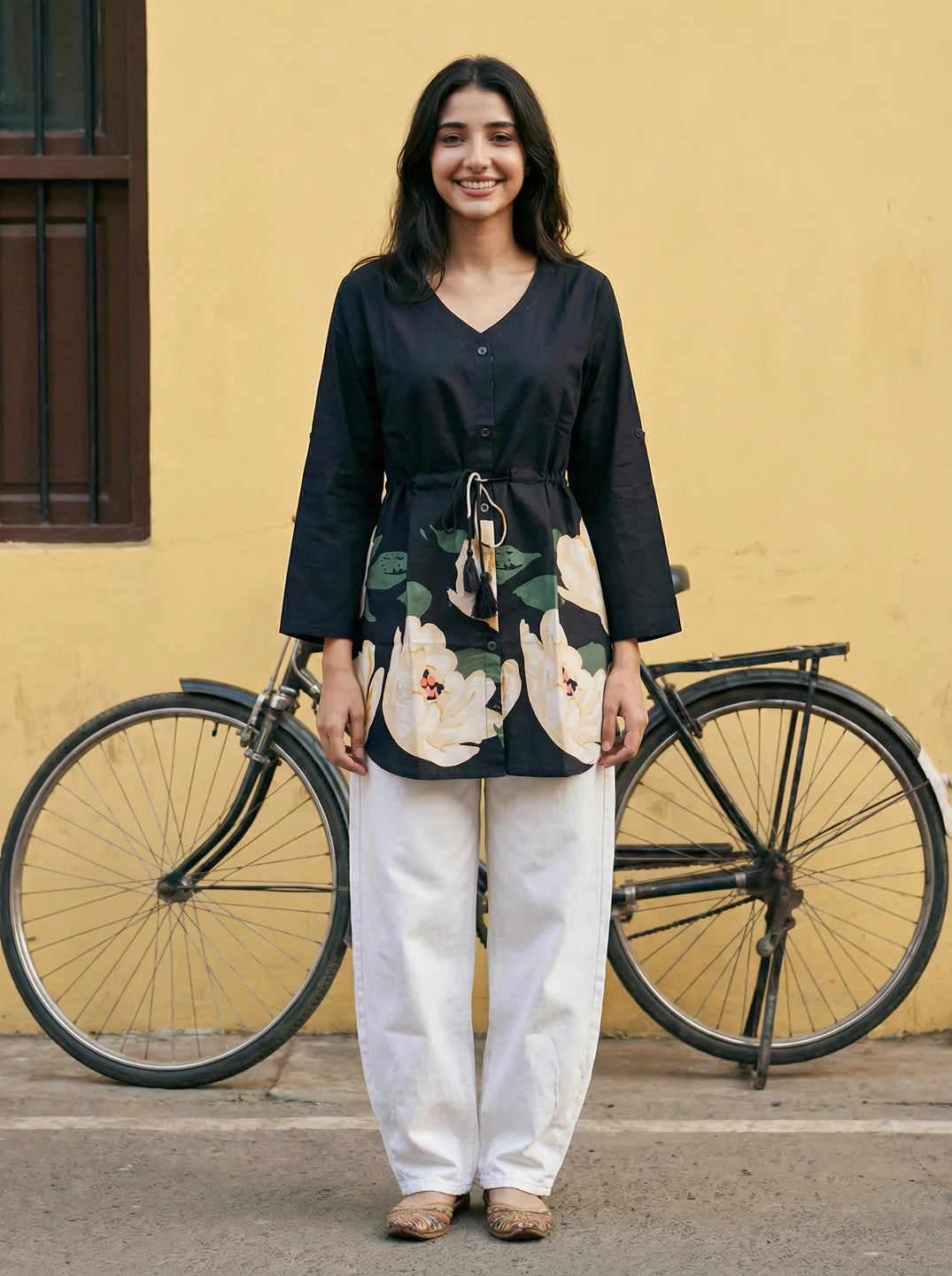 Black Floral Hem Cotton Tunic with Drawstring Waist