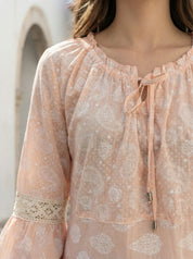Peach Printed A-Line Dress with Tassel Detailing in Cotton