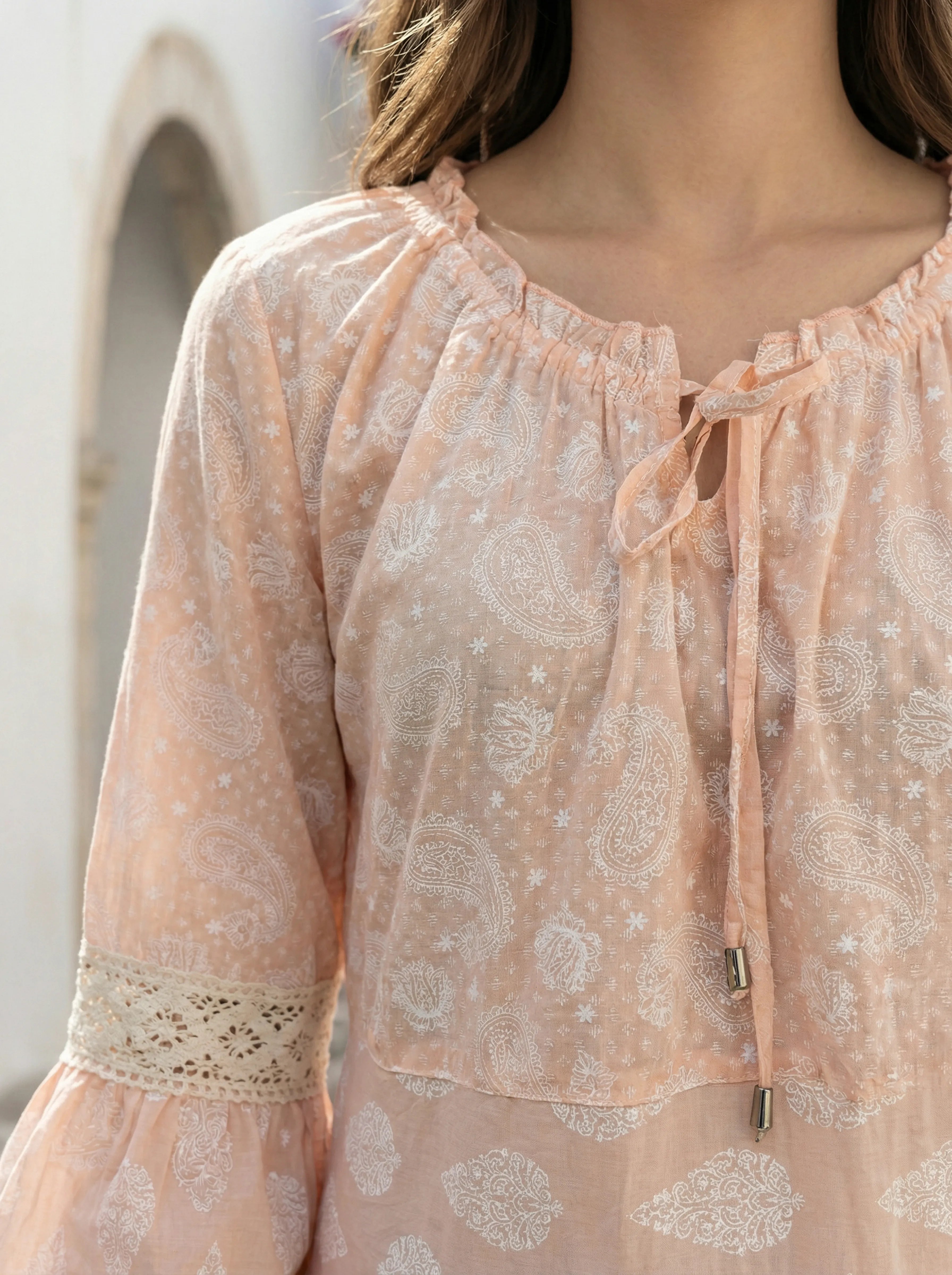 Peach Printed A-Line Dress with Tassel Detailing in Cotton