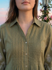 Sage Green A-Line Dress with Eyelet Detailing in Cotton Flex
