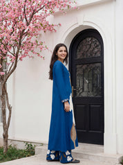Blue Botanical Print German Rayon Kurta Set with Lace and Mirror Work