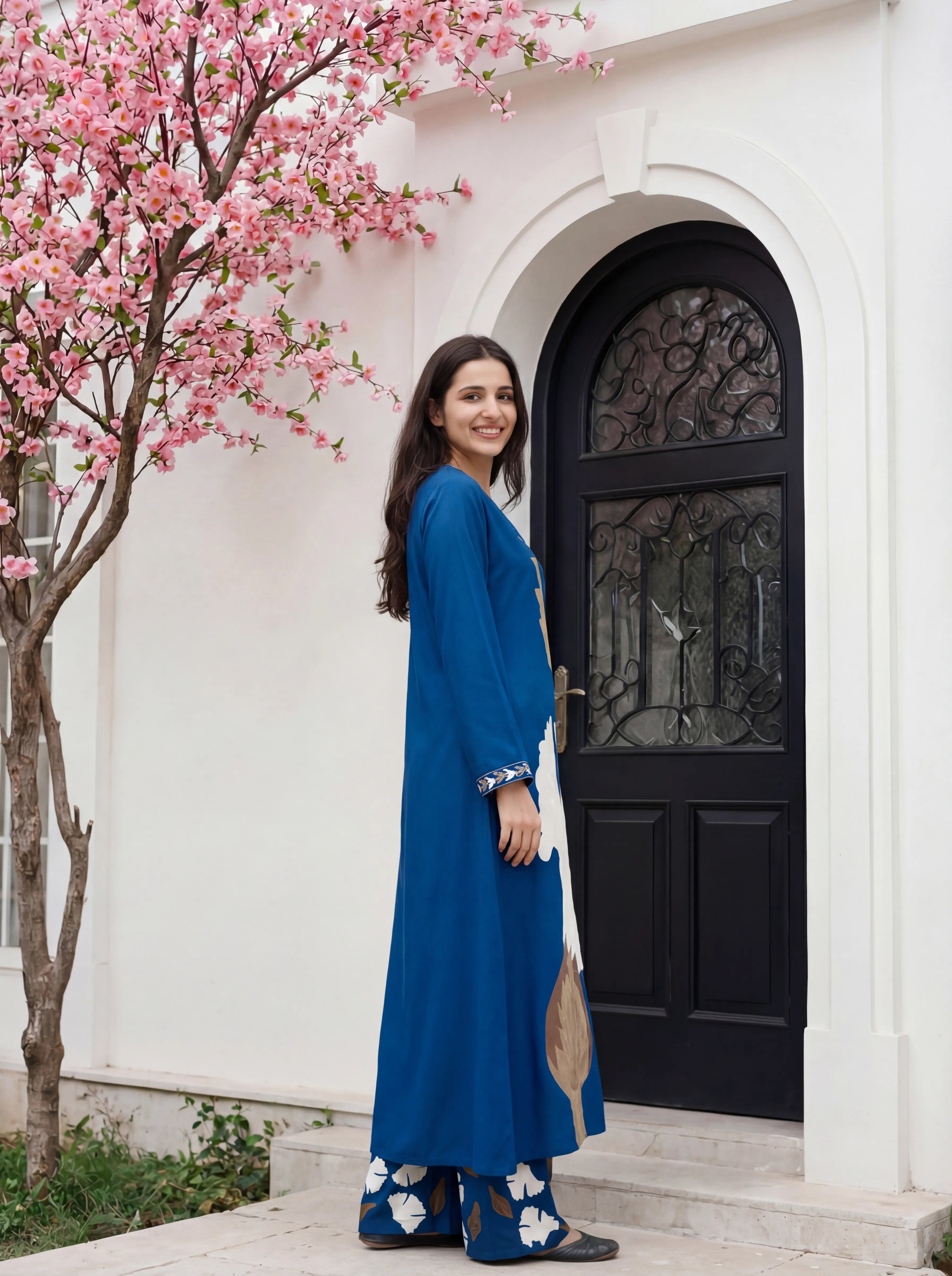 Blue Botanical Print German Rayon Kurta Set with Lace and Mirror Work