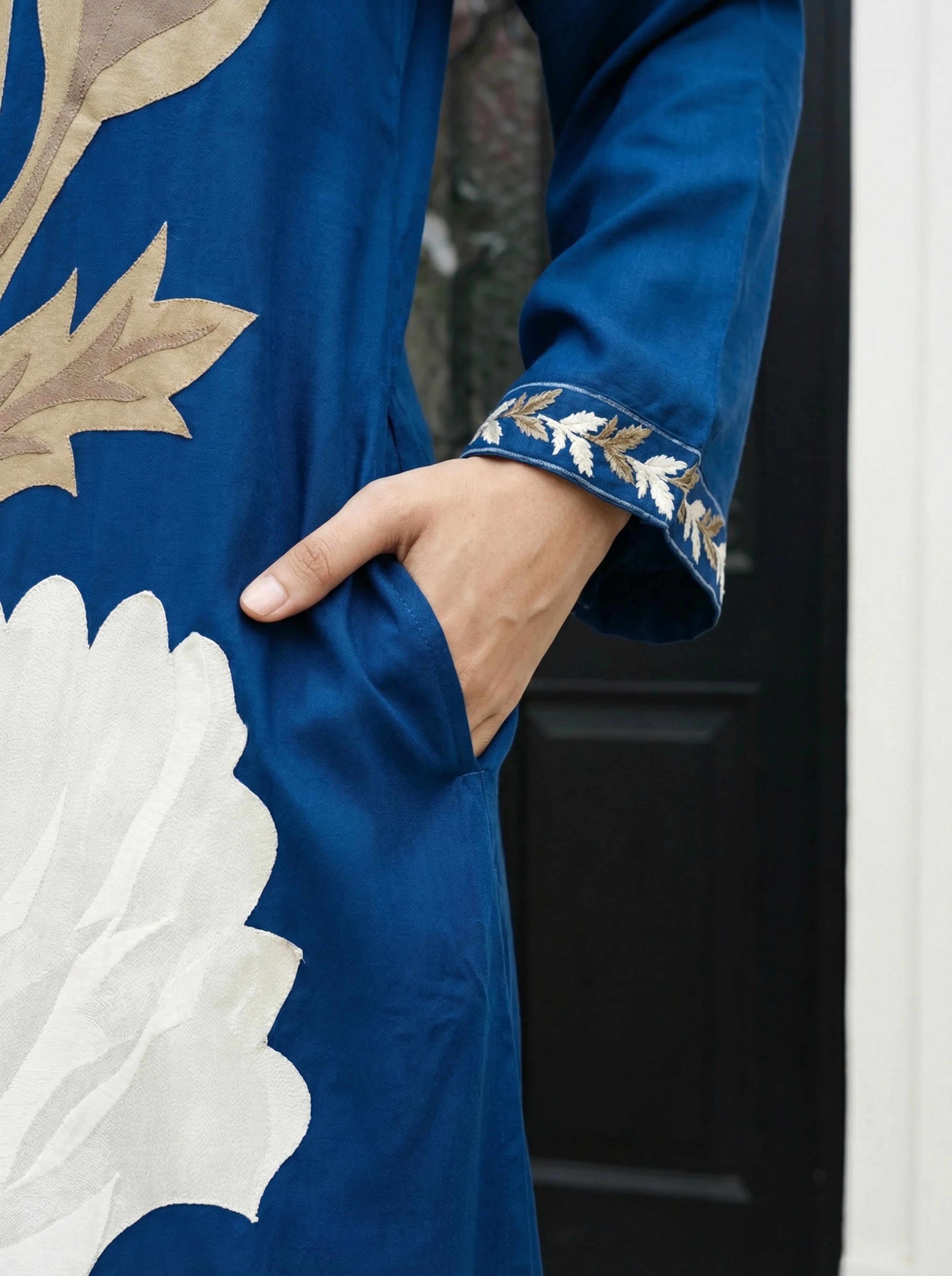 Blue Botanical Print German Rayon Kurta Set with Lace and Mirror Work