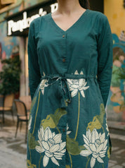 Dark Teal Floral Waist-Tie Tunic in Cotton