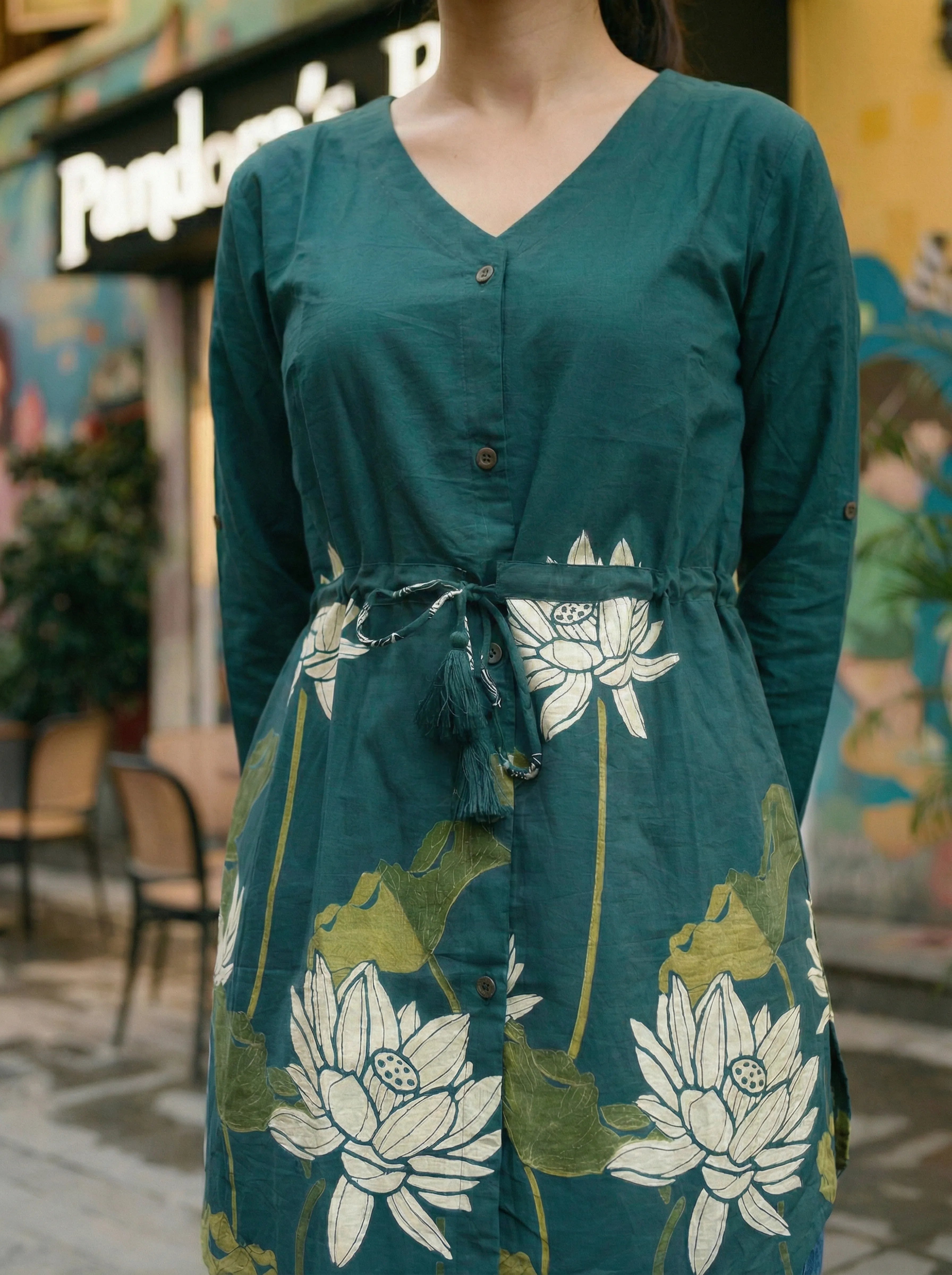Dark Teal Floral Waist-Tie Tunic in Cotton