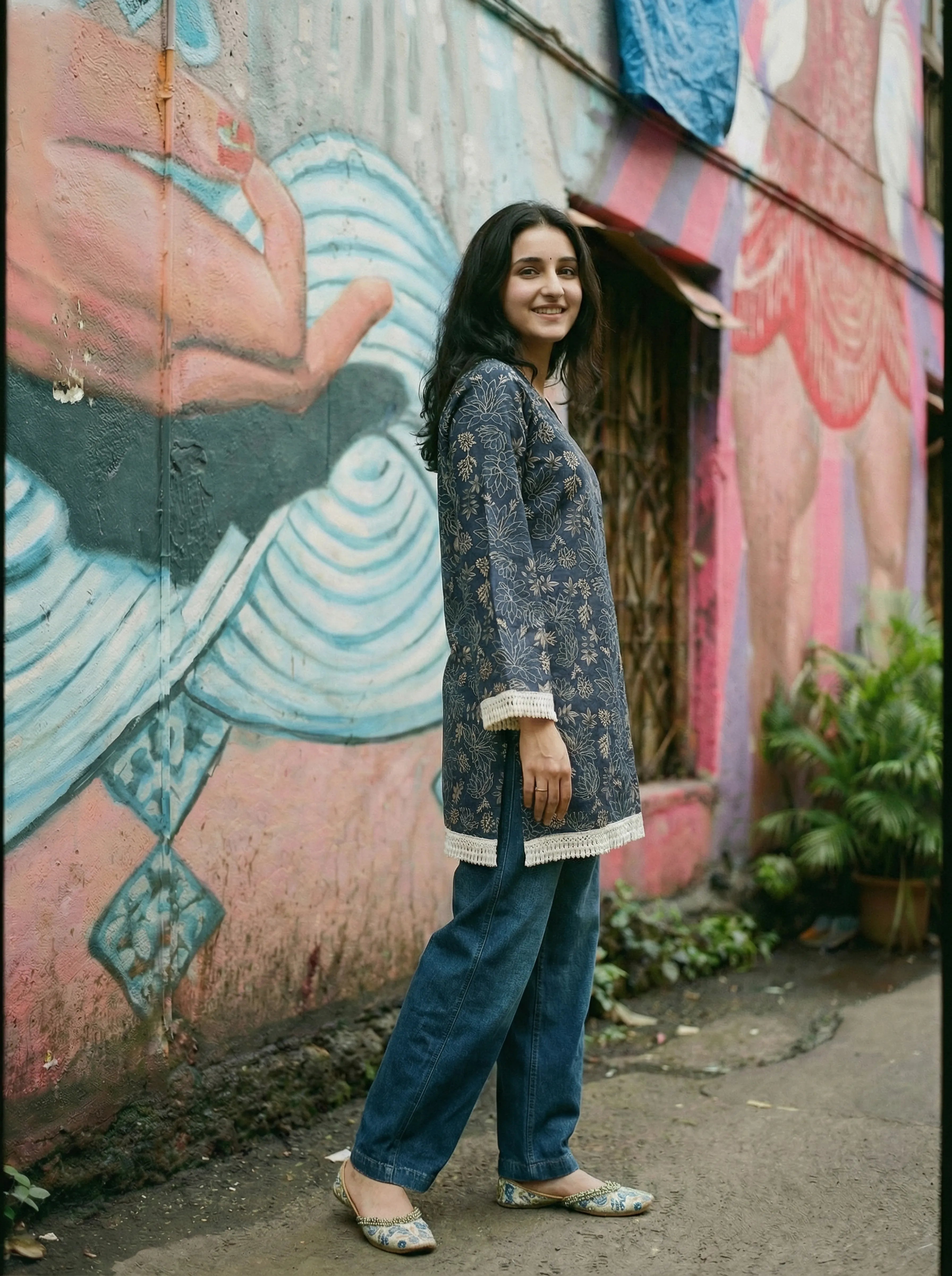 Dark Blue Lace Trim Cotton Tunic