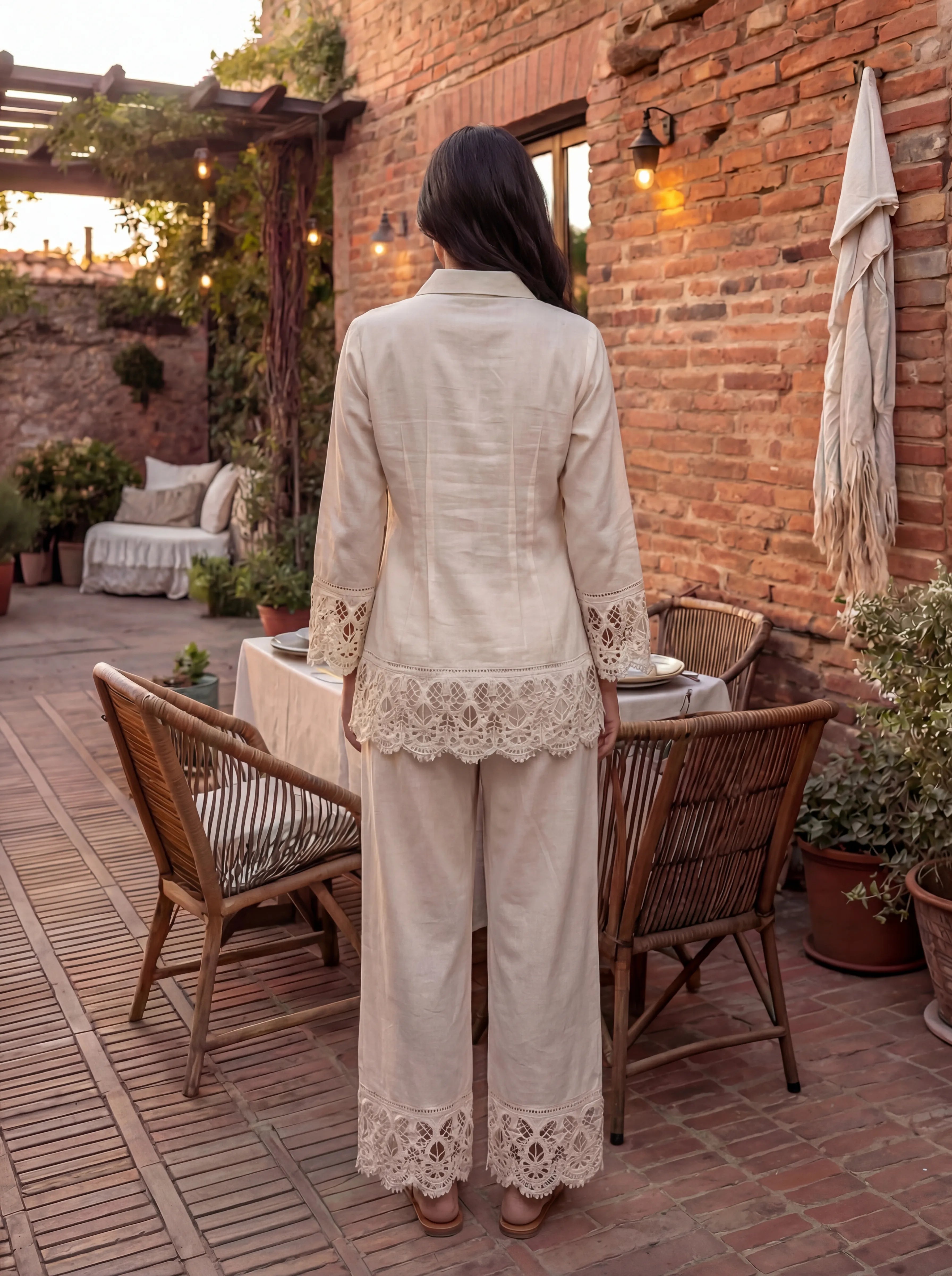 Beige Shirt Collar Pintuck Cotton Flex Co-ord Set with Floral Lace Detailing