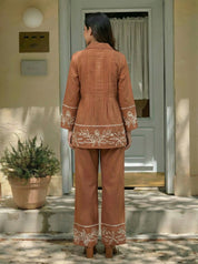 Brown Shirt Collar Pintuck Cotton Flex Co-ord Set with Thread Embroidery Detailing