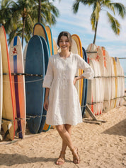 Off-White A-Line Dress with Pintuck Detailing in Rayan Staple