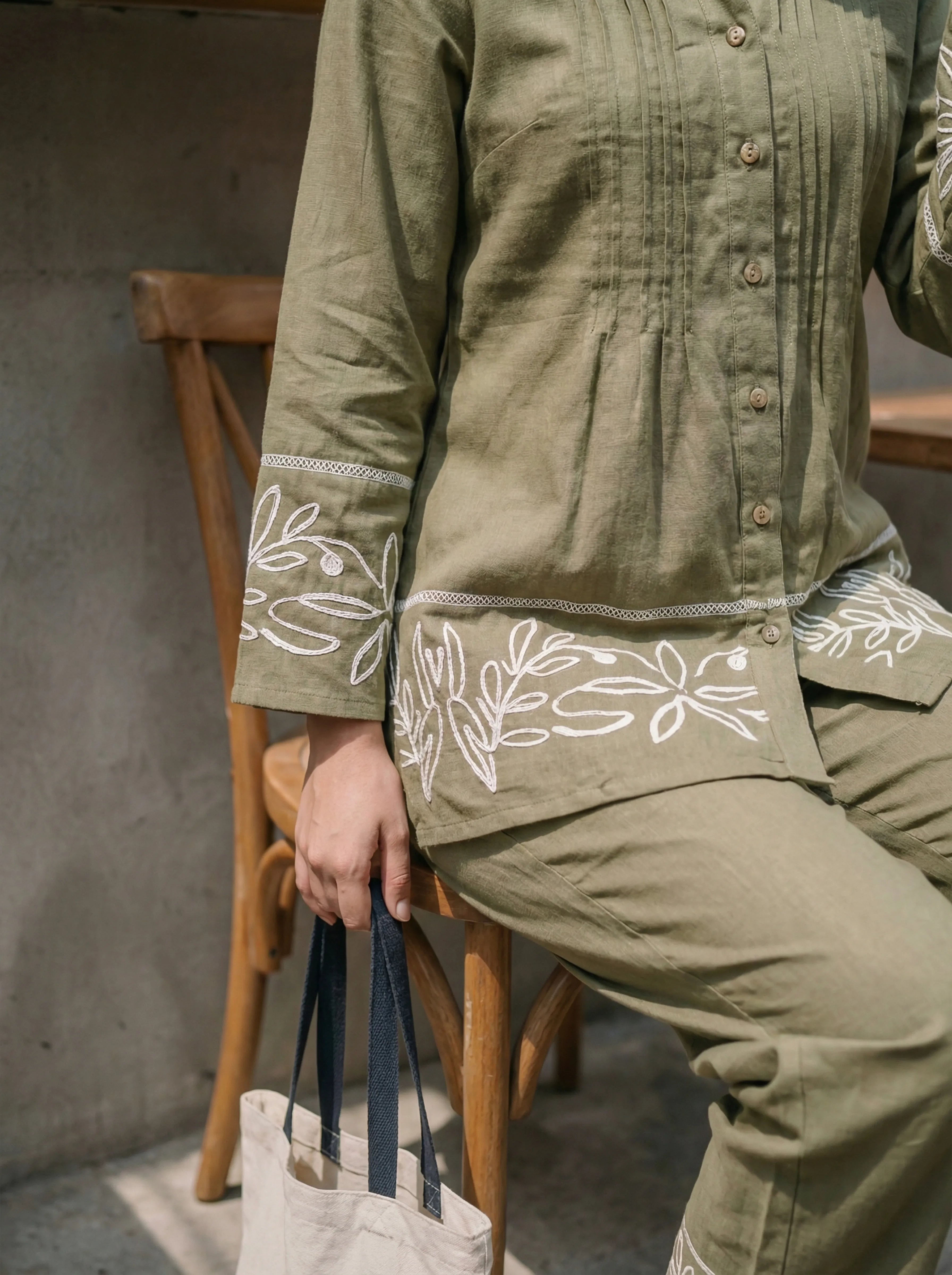 Green Shirt Collar Pintuck Cotton Flex Embroidered Co-ord Set