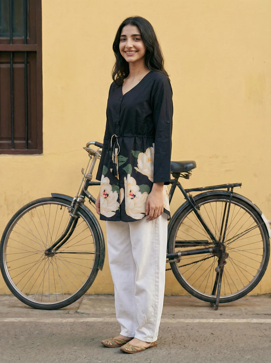 Black Floral Hem Cotton Tunic with Drawstring Waist