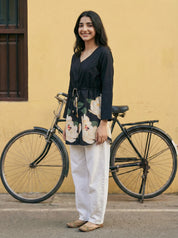 Black Floral Hem Cotton Tunic with Drawstring Waist