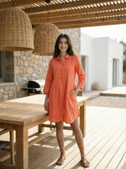 Orange Shirt Dress with Pintuck Detailing in Cotton Flex