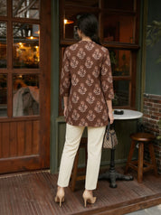 Brown Rose Motif Cotton Tunic