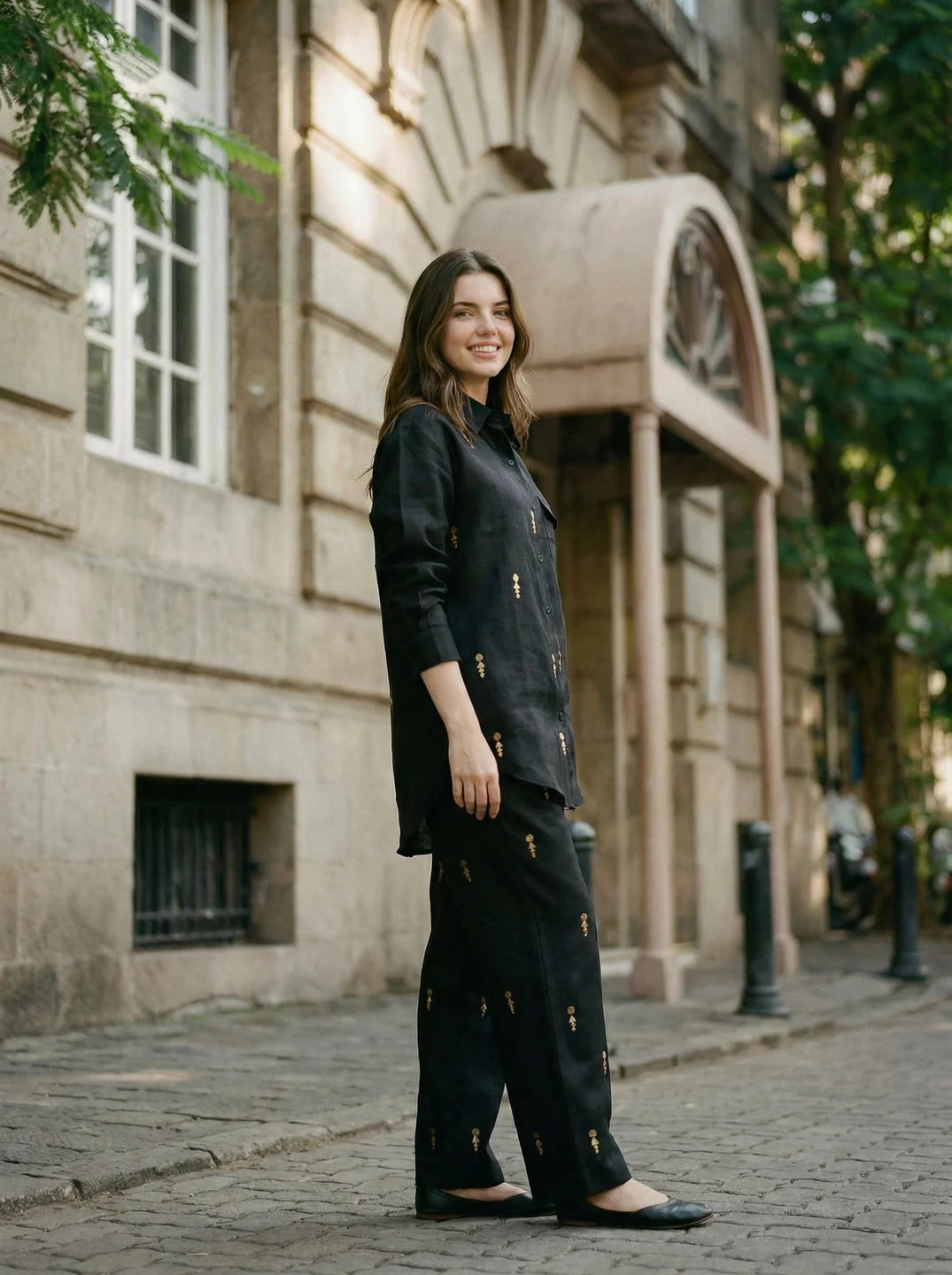 Black Geometric Sequin Embroidery Linen Blend Co-Ord Set