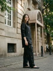 Black Geometric Sequin Embroidery Linen Blend Co-Ord Set
