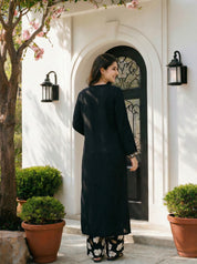 Black Botanical Print German Rayon Kurta Set with Lace and Mirror Work