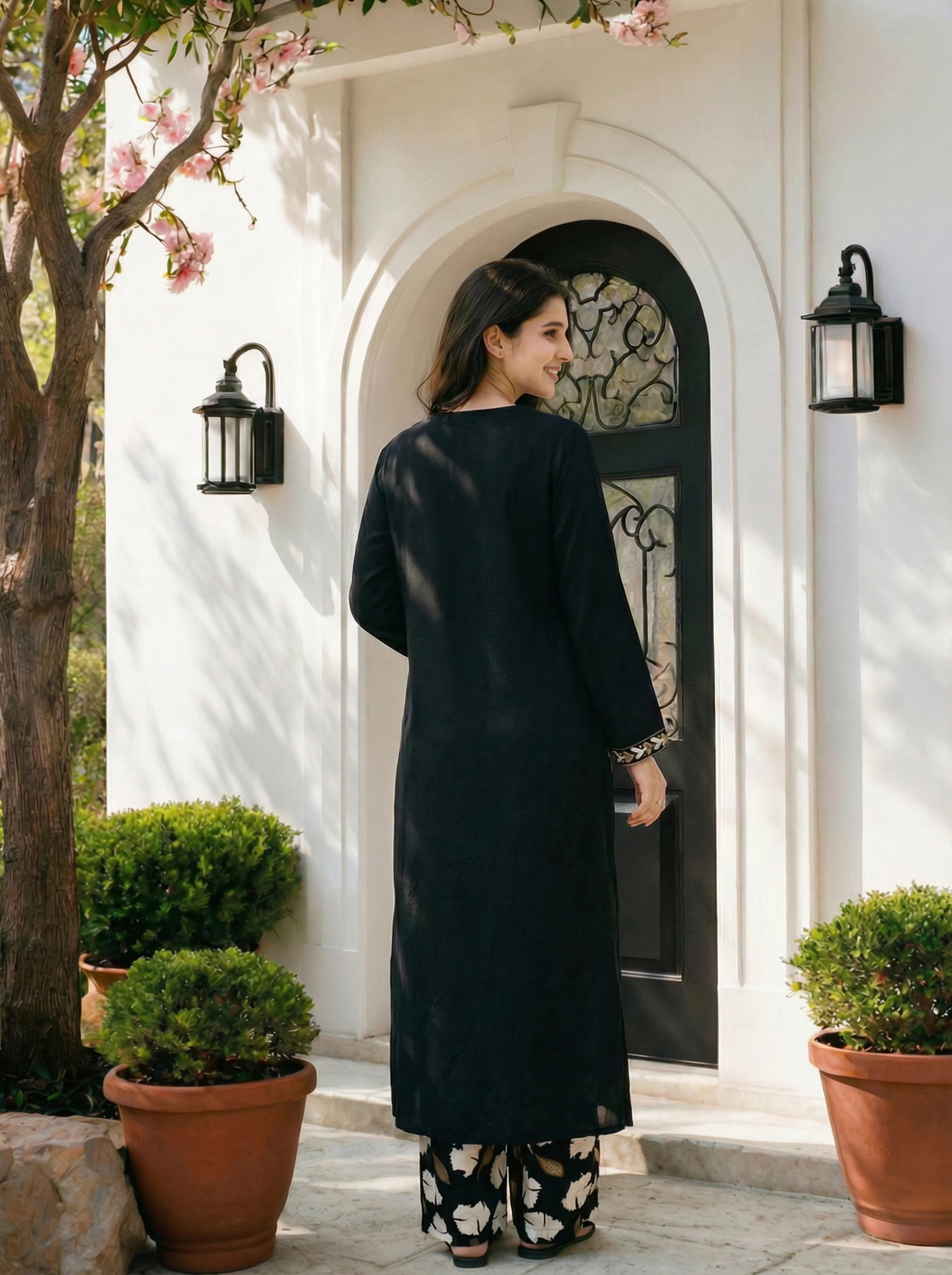 Black Botanical Print German Rayon Kurta Set with Lace and Mirror Work