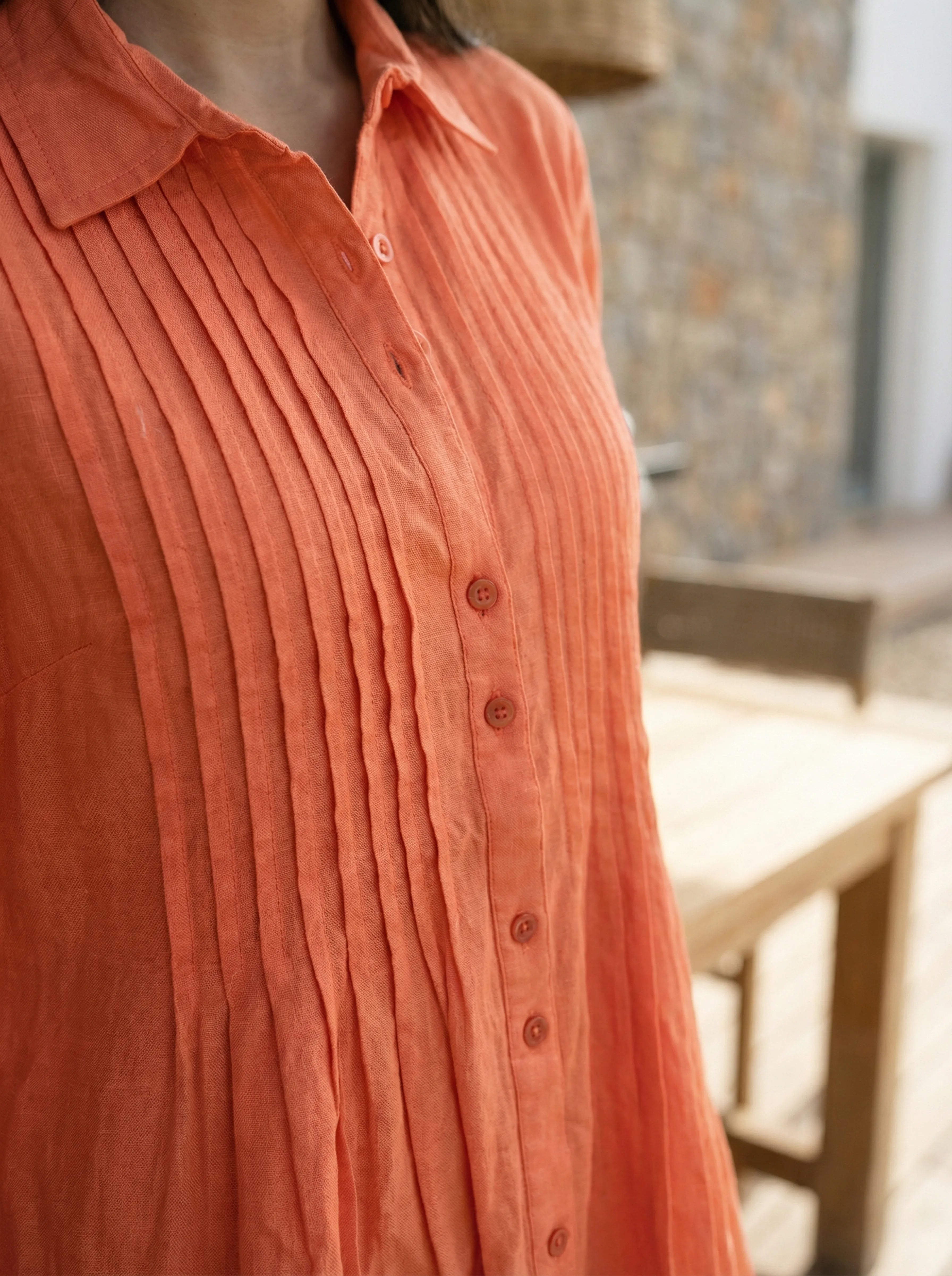 Orange Shirt Dress with Pintuck Detailing in Cotton Flex