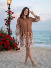Brown A-Line Dress with Eyelet Detailing in Cotton Flex