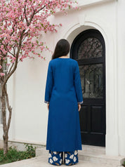 Blue Botanical Print German Rayon Kurta Set with Lace and Mirror Work