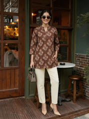 Brown Rose Motif Cotton Tunic