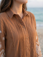 Brown A-Line Dress with Eyelet Detailing in Cotton Flex