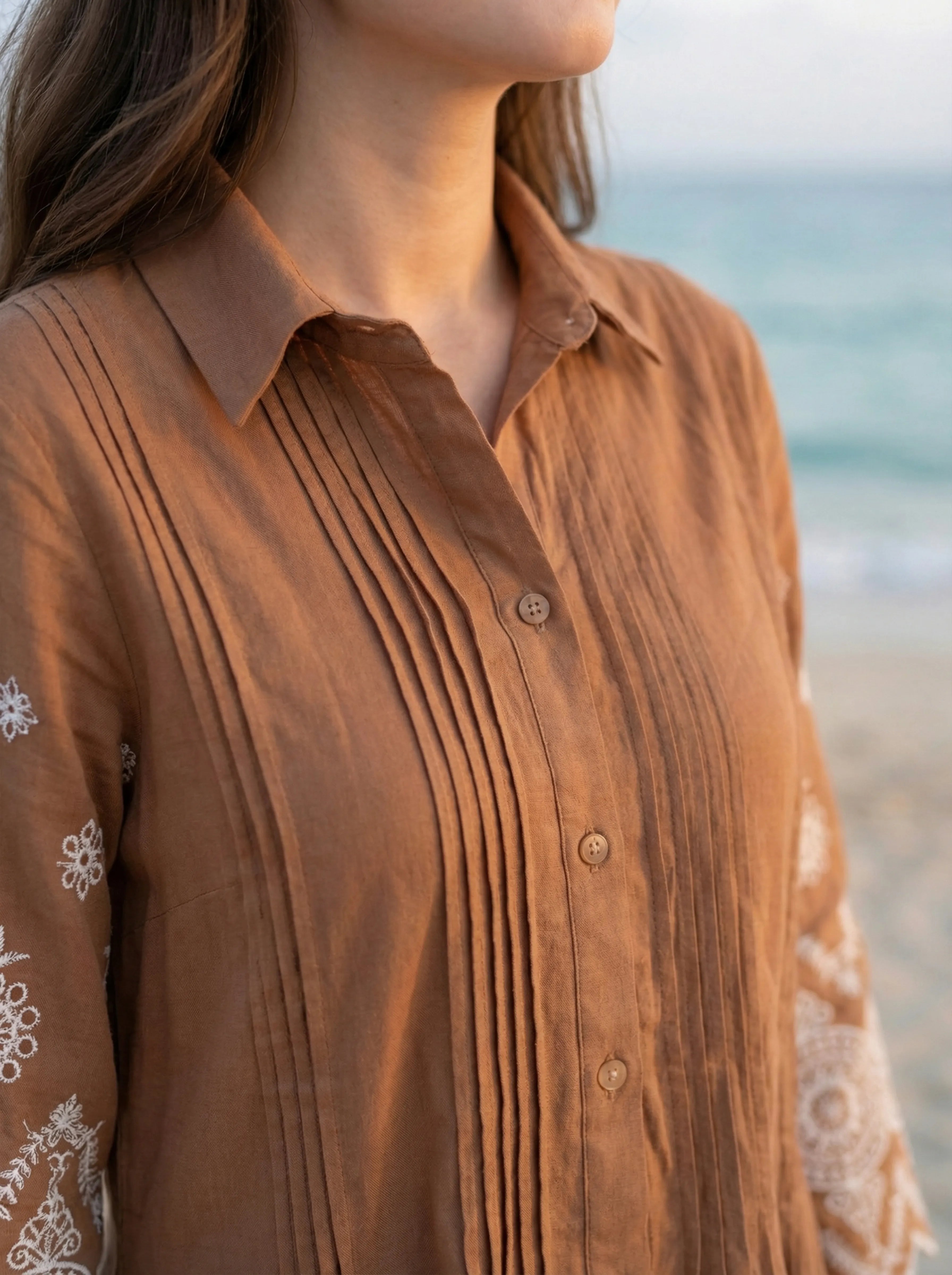 Brown A-Line Dress with Eyelet Detailing in Cotton Flex