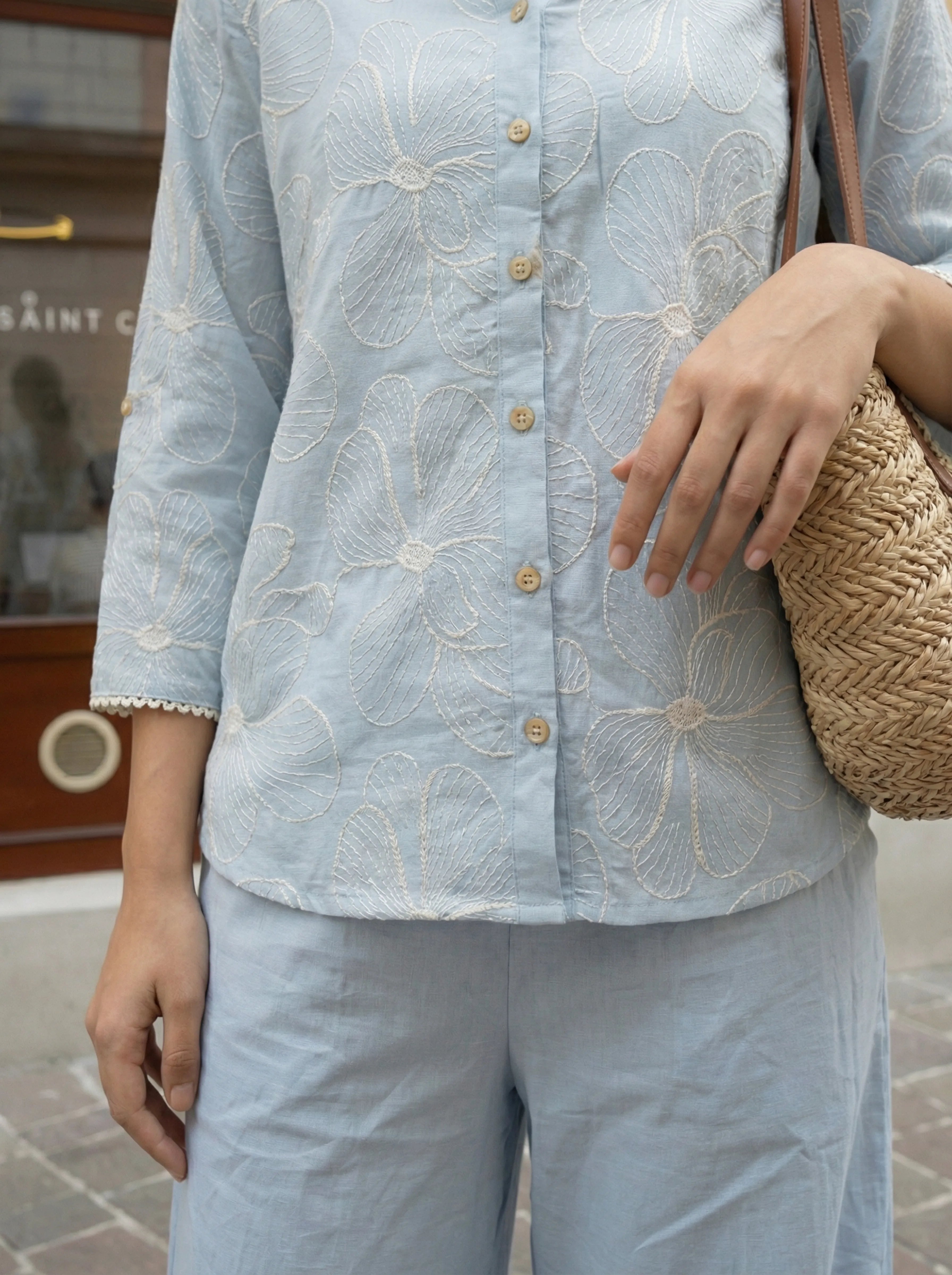 Blue Floral Embroidered Shirt Collar Cotton Flex Co-ord Set