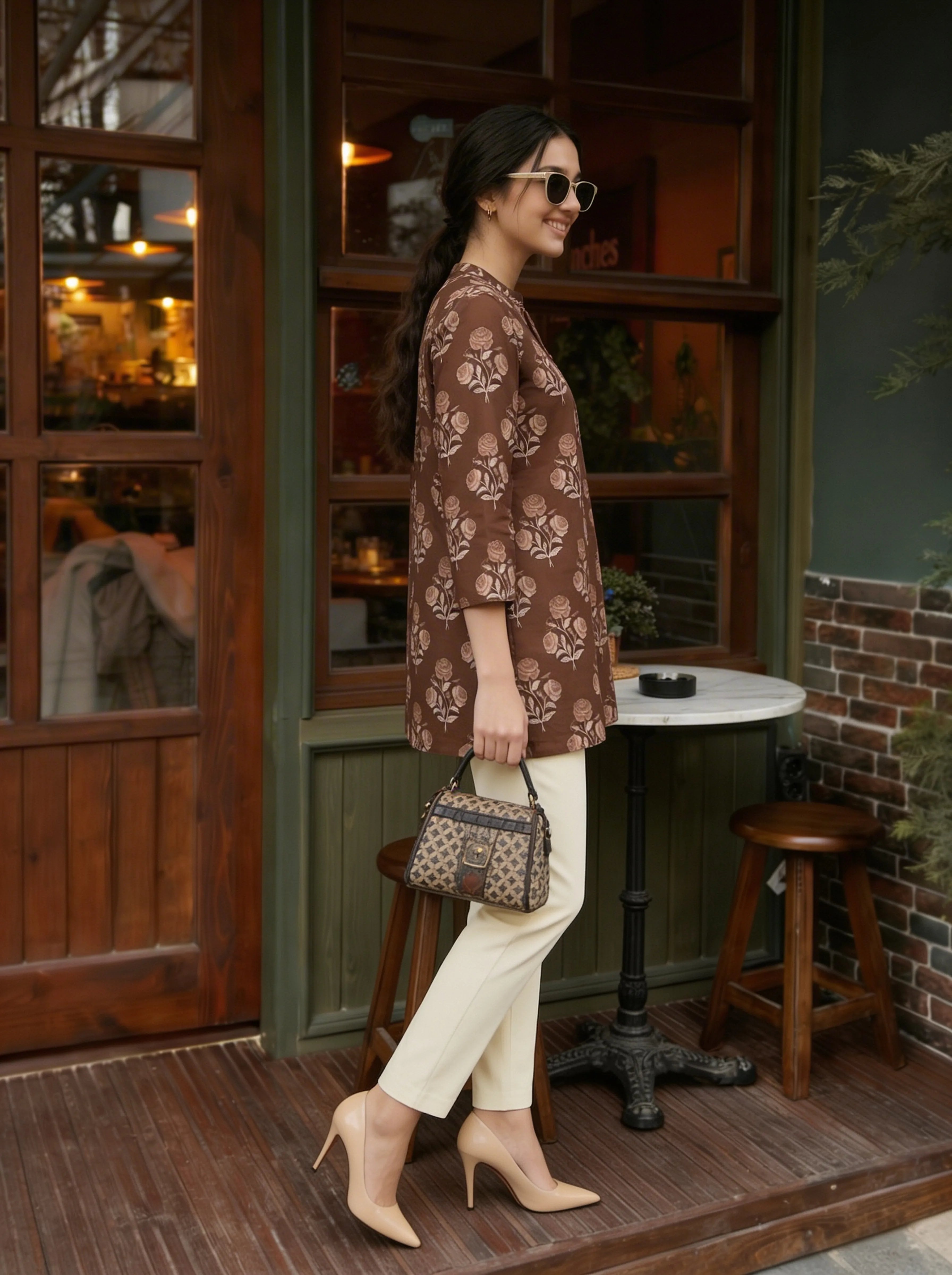 Brown Rose Motif Cotton Tunic
