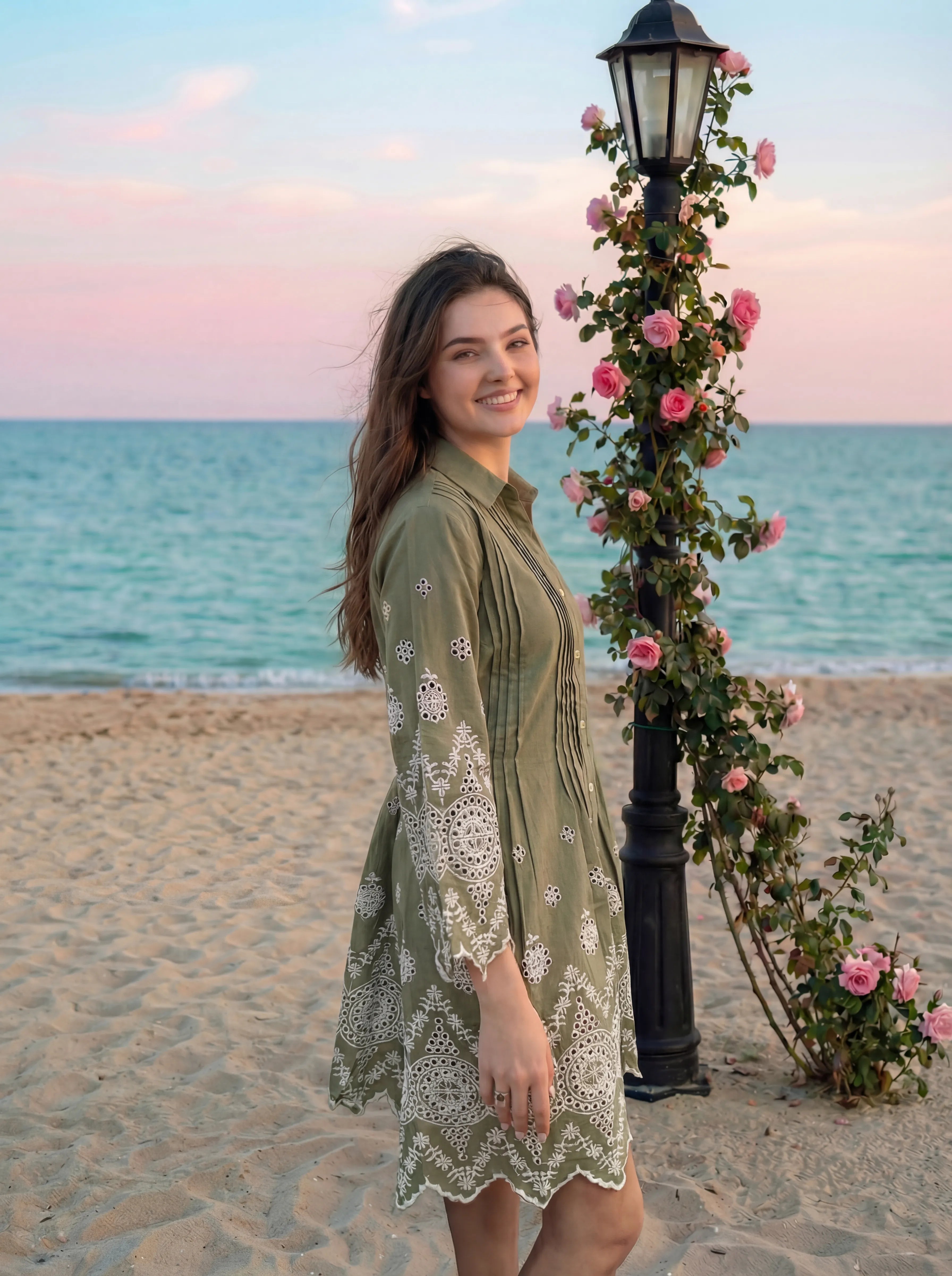 Sage Green A-Line Dress with Eyelet Detailing in Cotton Flex