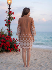 Brown A-Line Dress with Eyelet Detailing in Cotton Flex