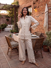 Beige Shirt Collar Pintuck Cotton Flex Co-ord Set with Floral Lace Detailing