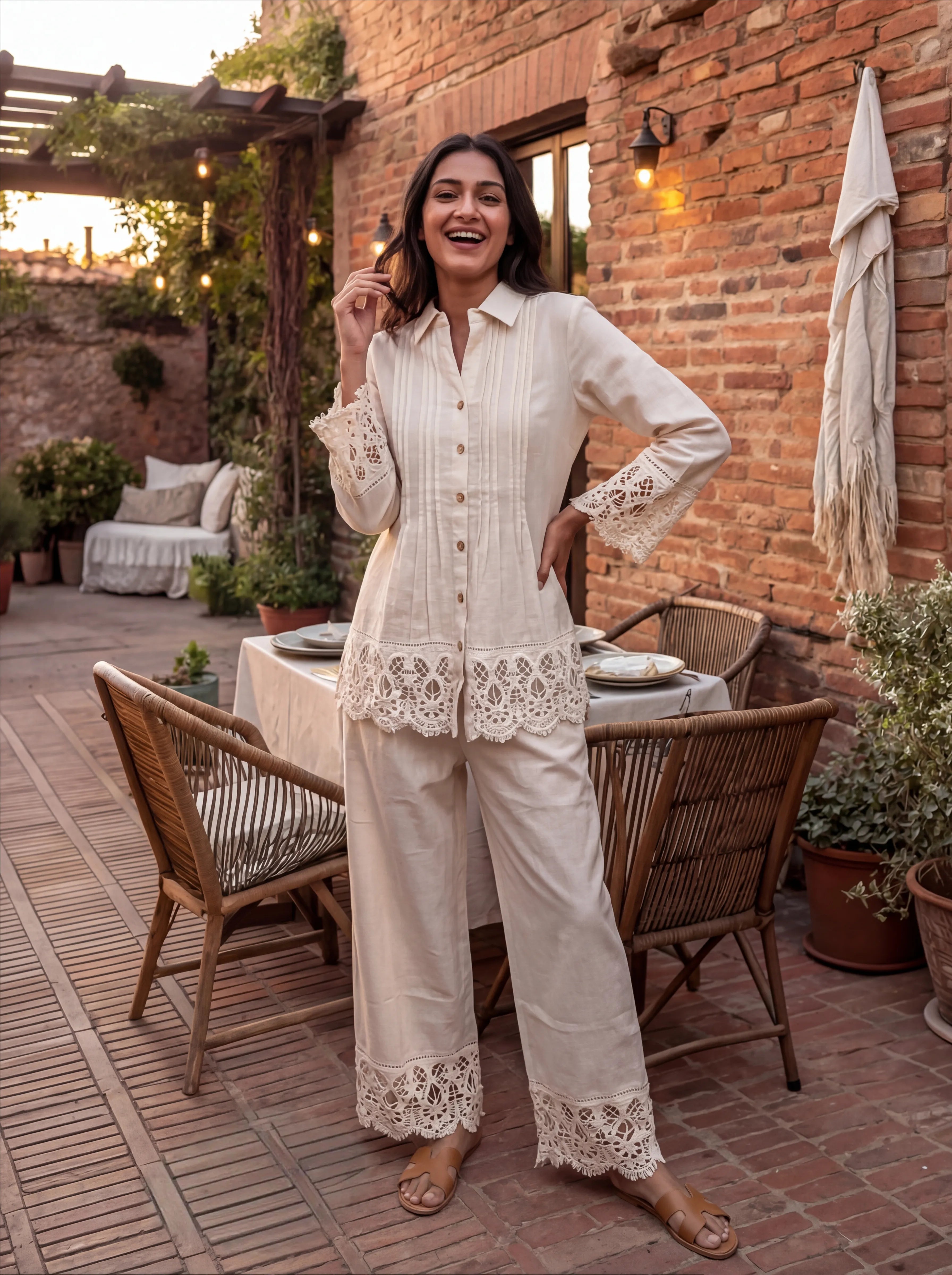 Beige Shirt Collar Pintuck Cotton Flex Co-ord Set with Floral Lace Detailing