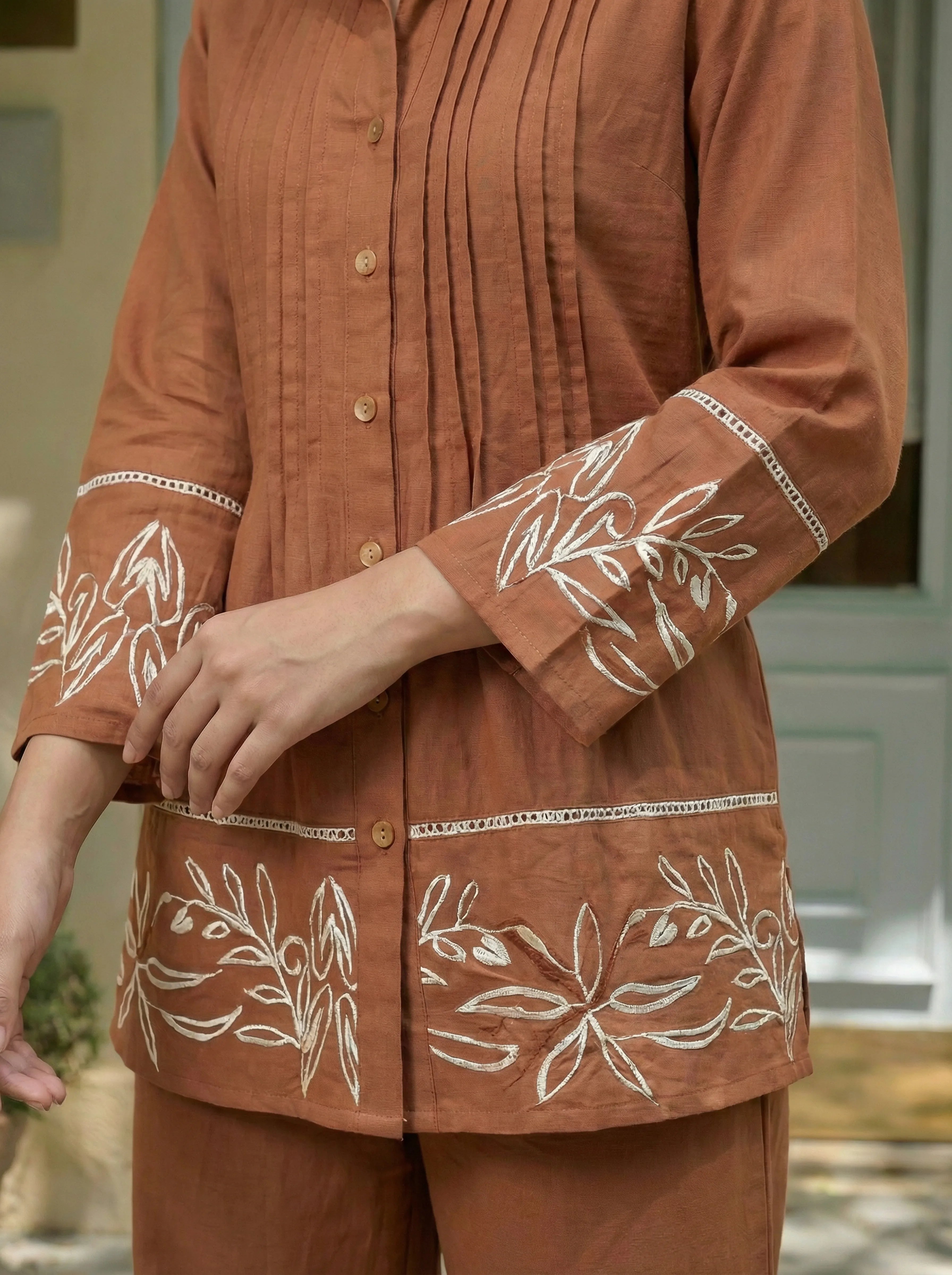 Brown Shirt Collar Pintuck Cotton Flex Co-ord Set with Thread Embroidery Detailing