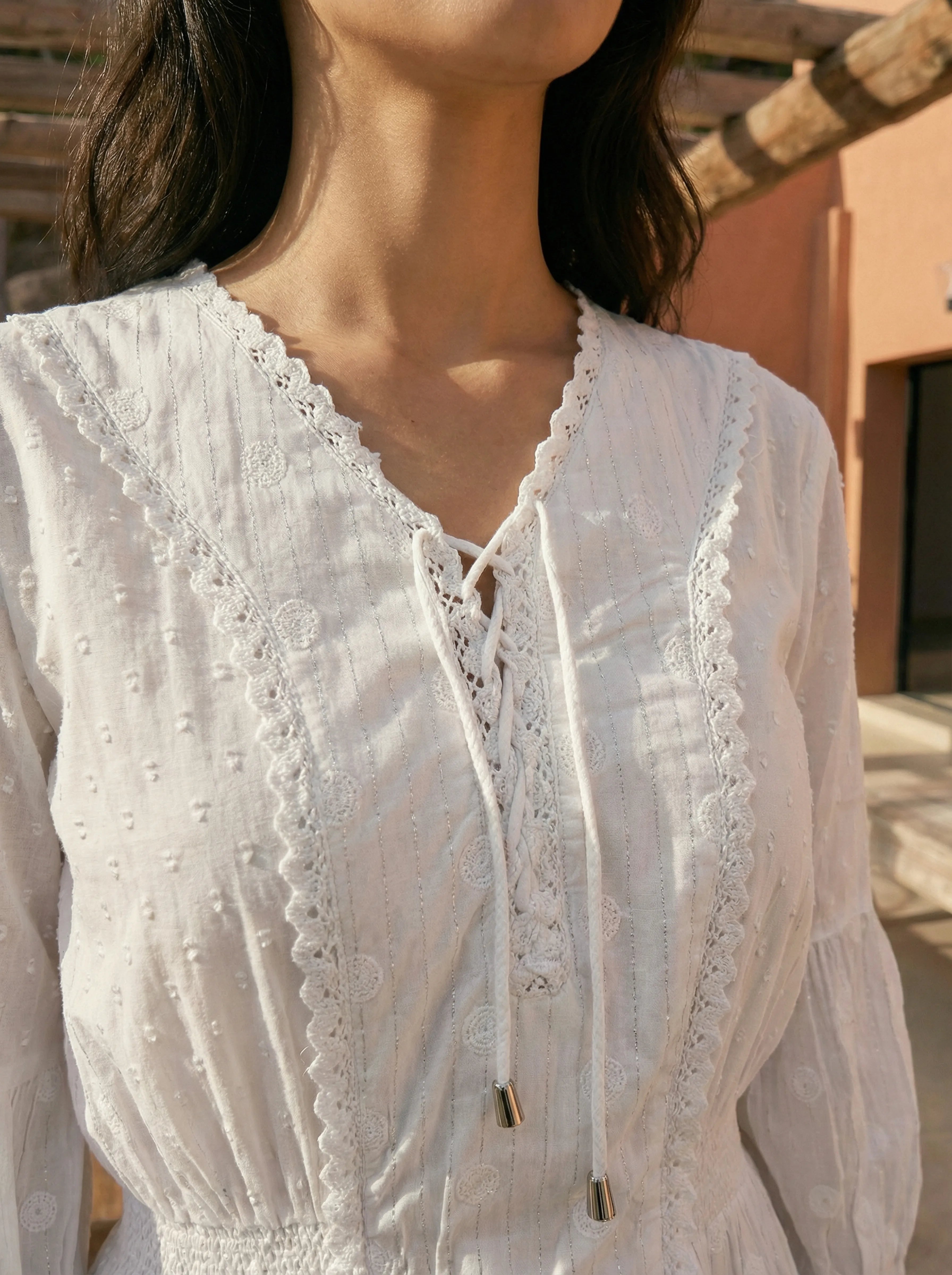 White A-Line Lace Panel Dress in Lure Dobby