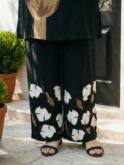 Black Botanical Print German Rayon Kurta Set with Lace and Mirror Work