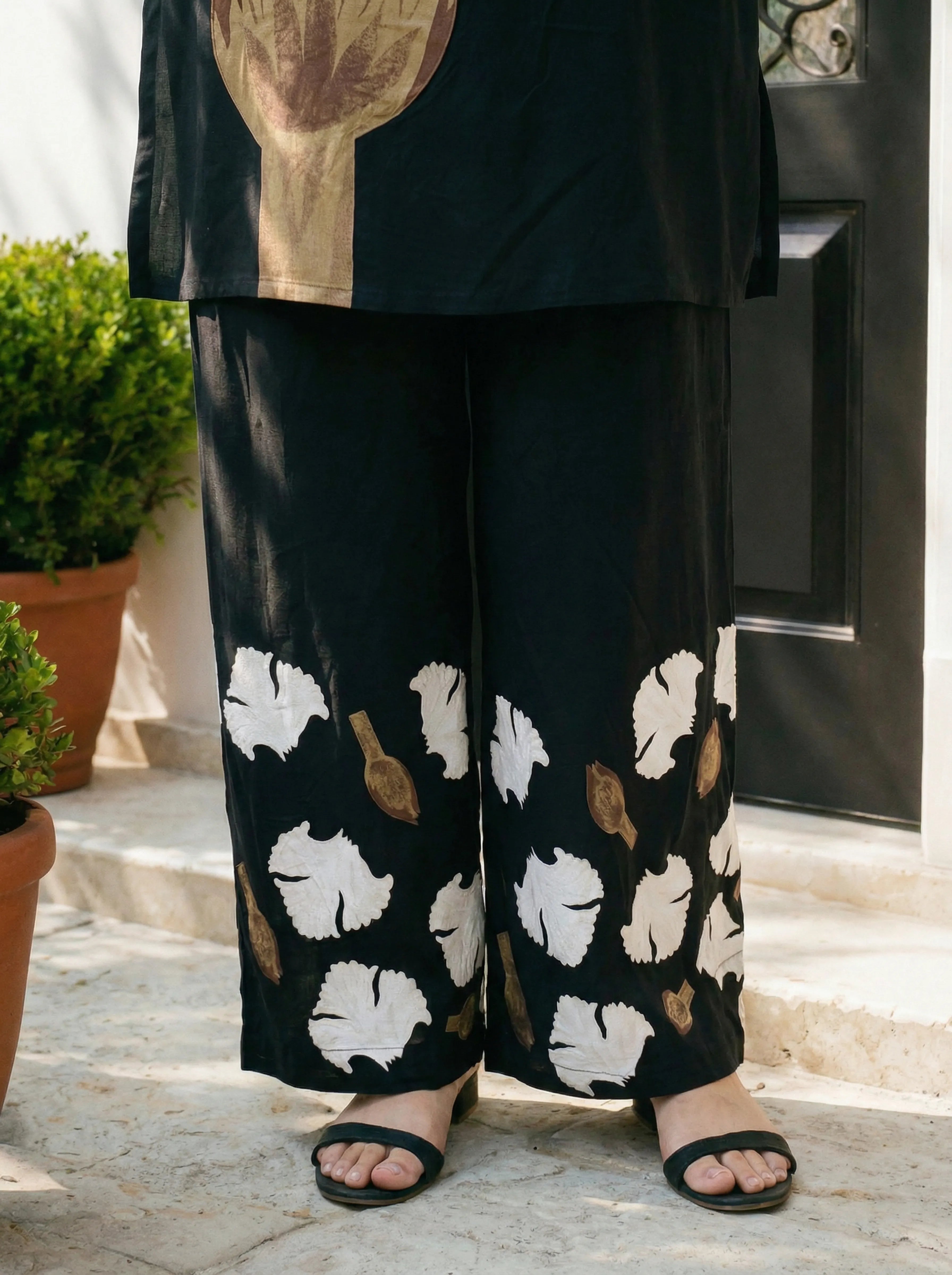 Black Botanical Print German Rayon Kurta Set with Lace and Mirror Work