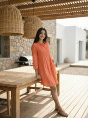 Orange Shirt Dress with Pintuck Detailing in Cotton Flex
