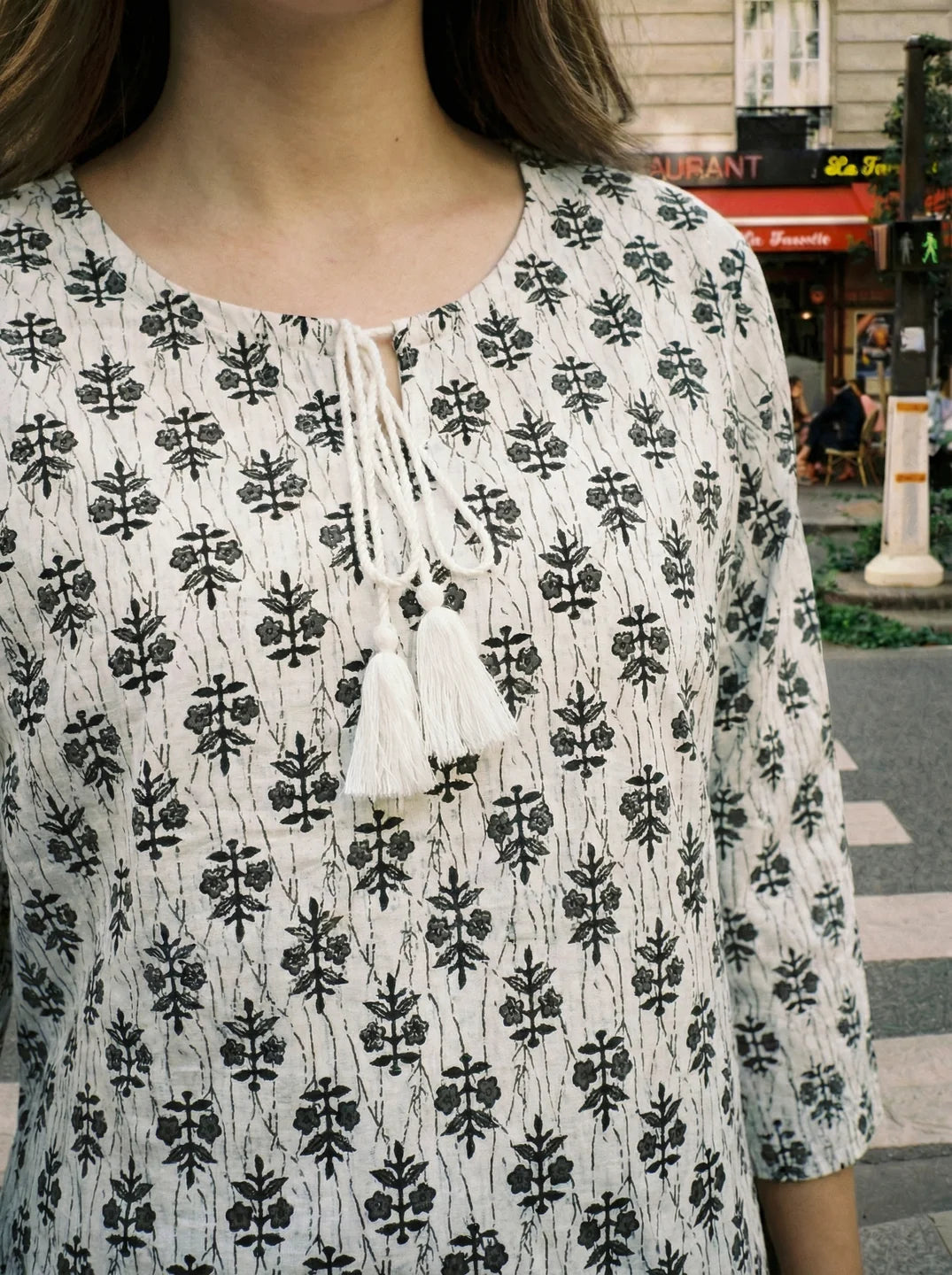 White Floral Motif Cotton Tunic with Tassel Tie-Up Neck