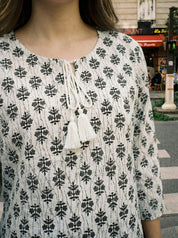 White Floral Motif Cotton Tunic with Tassel Tie-Up Neck