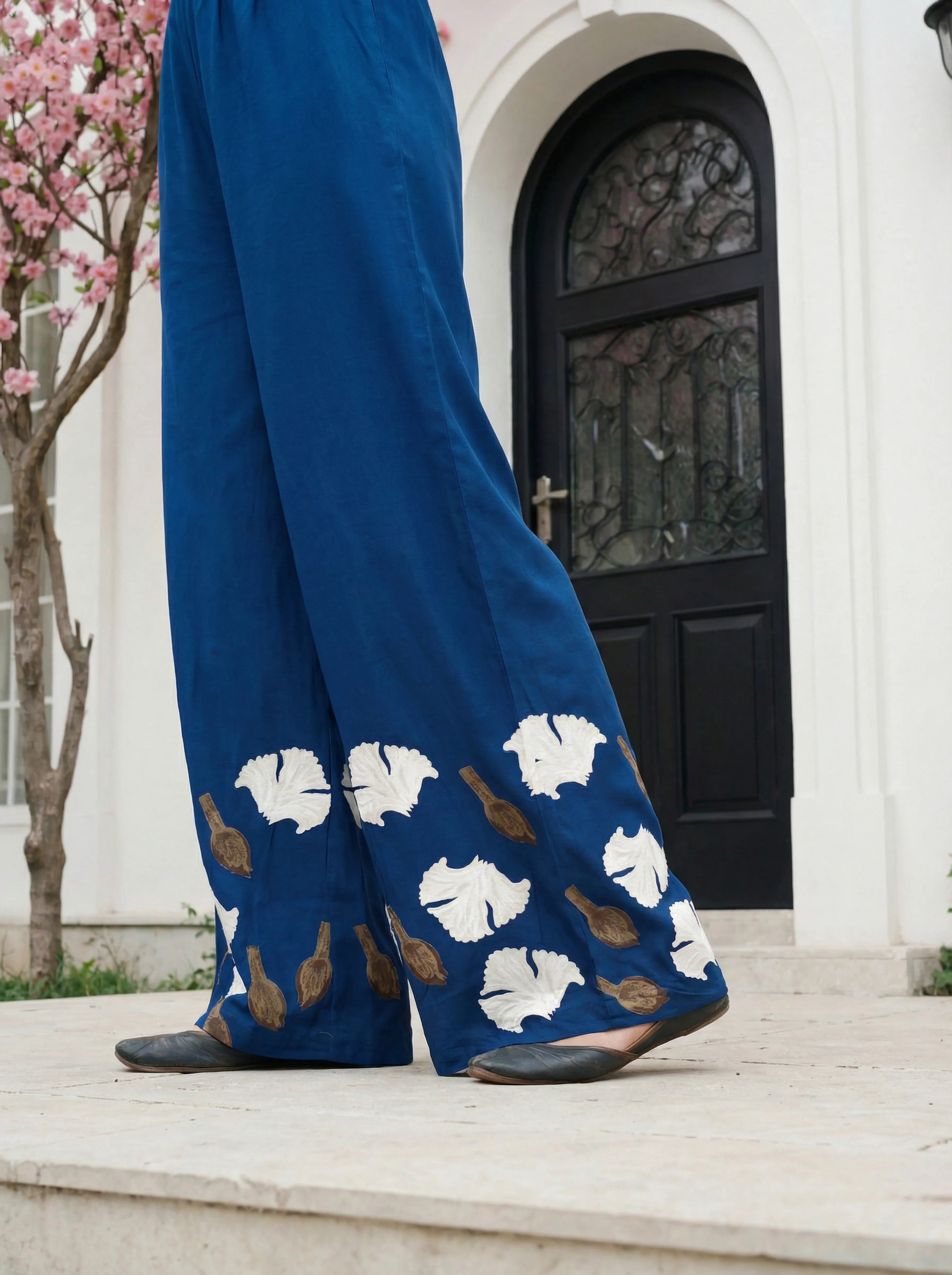 Blue Botanical Print German Rayon Kurta Set with Lace and Mirror Work