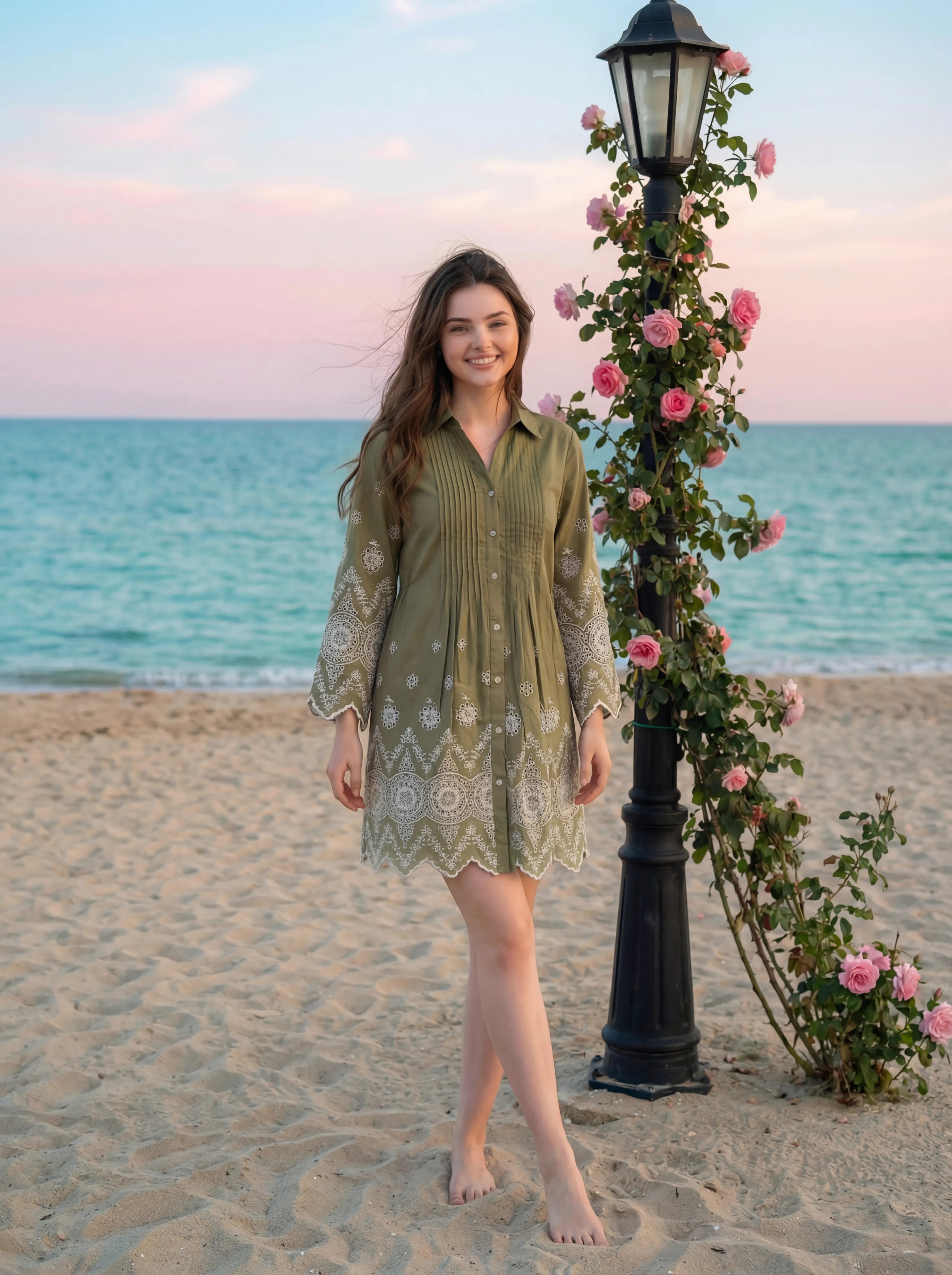 Sage Green A-Line Dress with Eyelet Detailing in Cotton Flex
