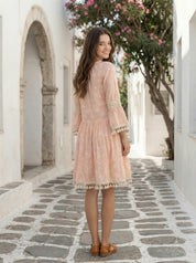 Peach Printed A-Line Dress with Tassel Detailing in Cotton