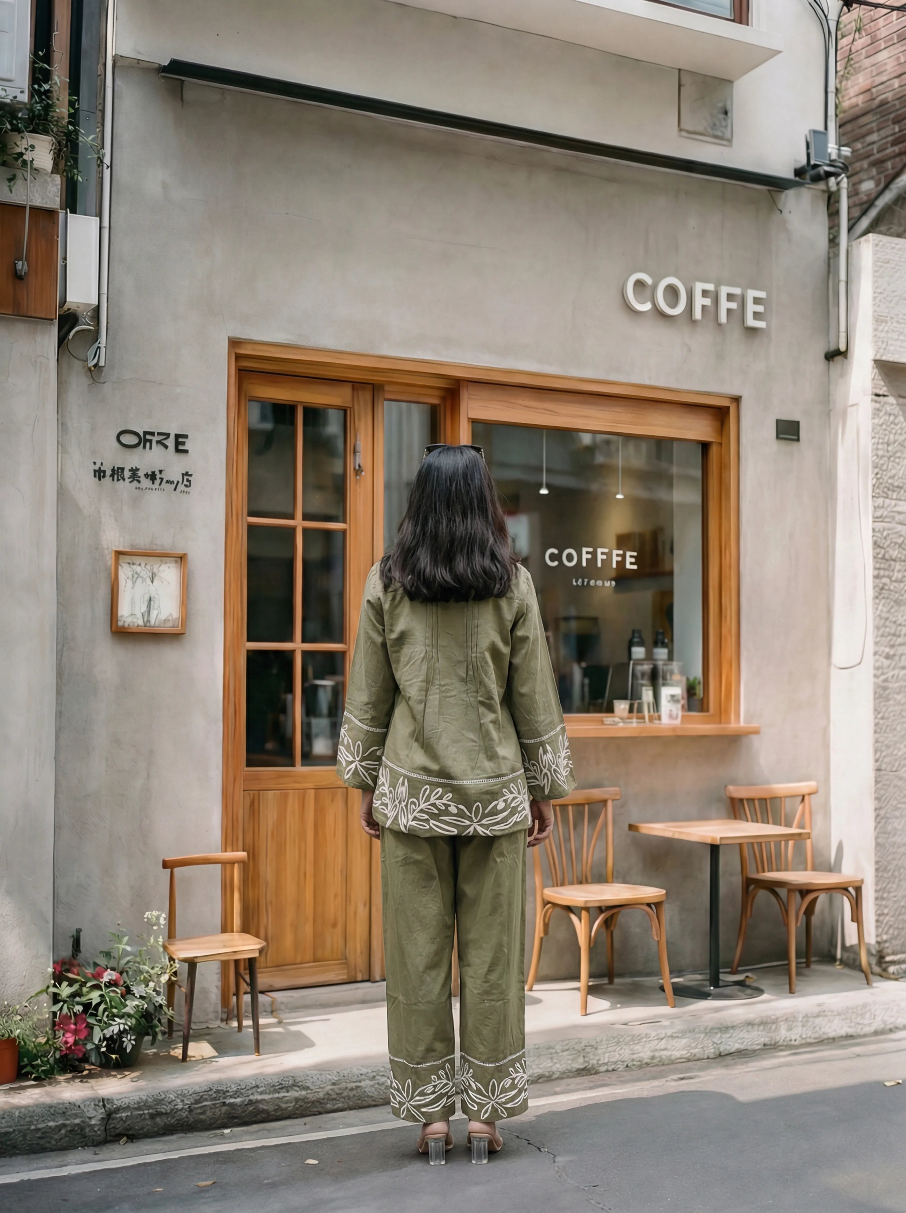 Green Shirt Collar Pintuck Cotton Flex Embroidered Co-ord Set