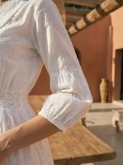 White A-Line Lace Panel Dress in Lure Dobby