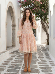 Peach Printed A-Line Dress with Tassel Detailing in Cotton