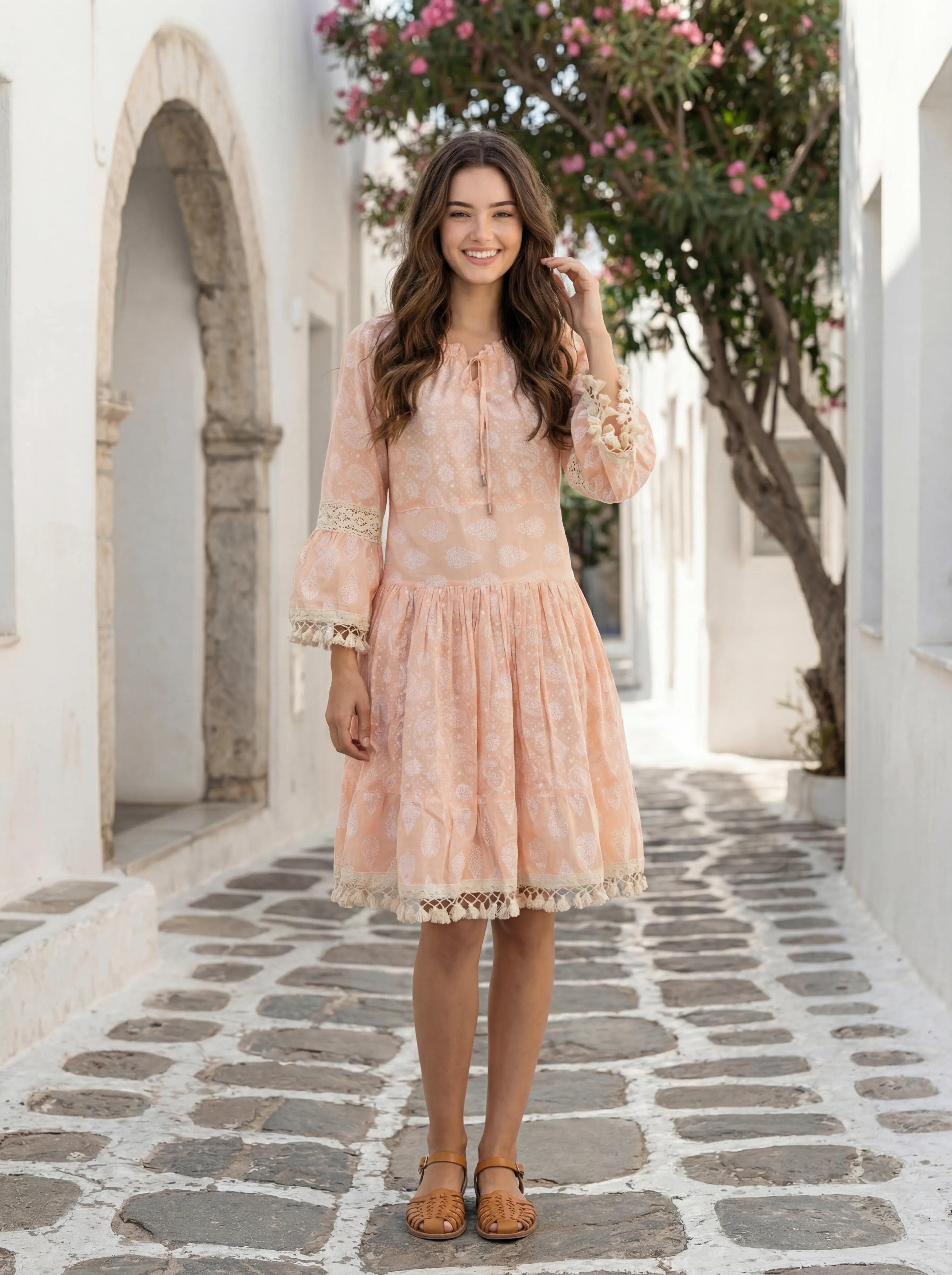 Peach Printed A-Line Dress with Tassel Detailing in Cotton