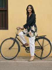 Black Floral Hem Cotton Tunic with Drawstring Waist
