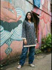 Dark Blue Lace Trim Cotton Tunic